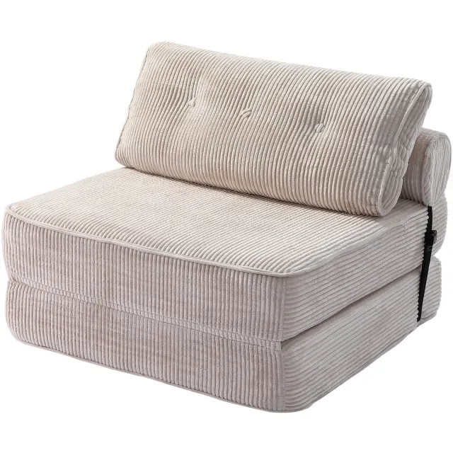 Homemiyn Fauteuil de couchage, beige grijze 2-in-1 corduroy relaxstoel met 30D schuimvulling, opvouwbare lounge fauteuil en comfortabele slaapstoel voor woonkamer slaapkamer kantoor
