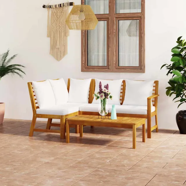 vidaXL 4-delige Loungeset met kussens massief acaciahout crème, foto 2