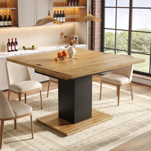 Sweiko Uitschuifbare Eettafel - Opvouwbaar tafelblad - Met opbergruimte - 120 × 120 × 75.1 cm - Natuurlijke + Zwart