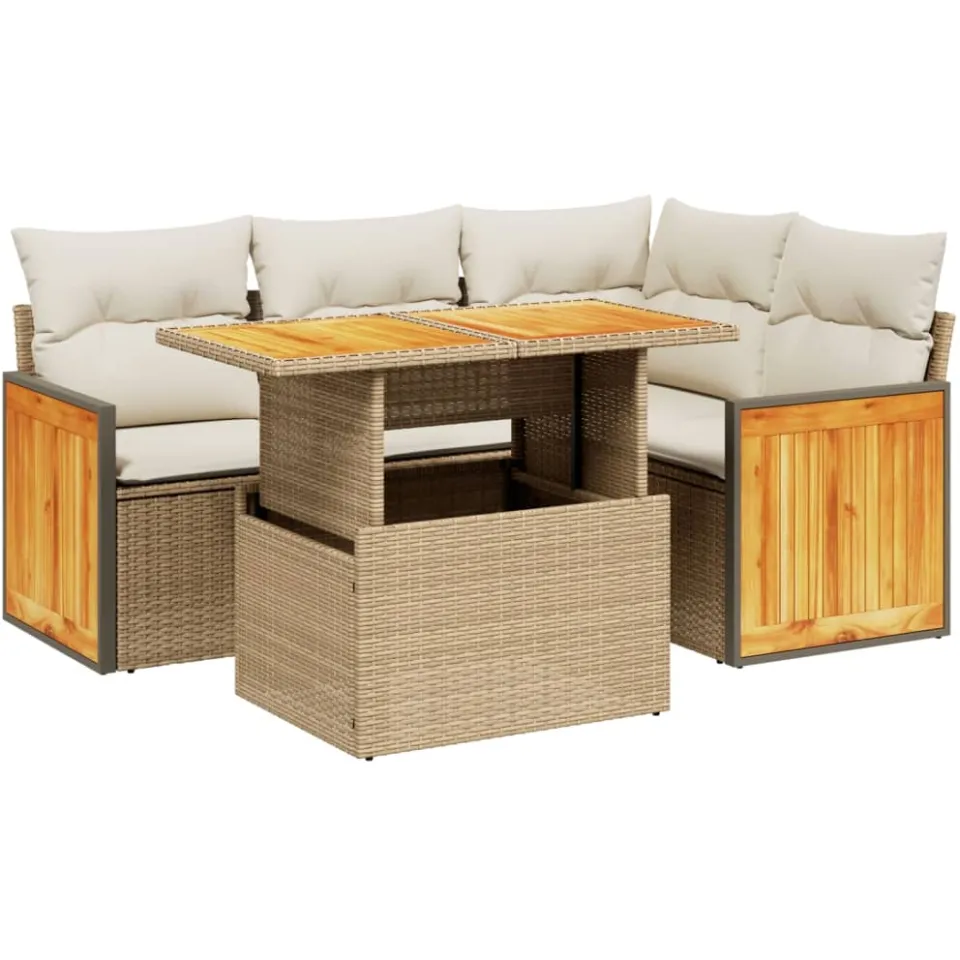 vidaXL 5-delige Loungeset met kussens poly rattan beige, foto 3