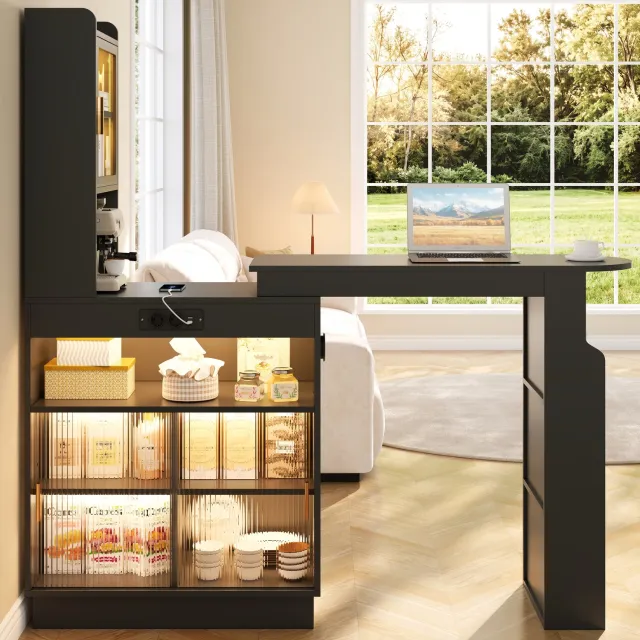 MODENUIT Bartafel - Uitschuifbaar Met Opbergruimte En LED - Voor Keuken - MDF - Zwart - 131-170x40x170 Cm