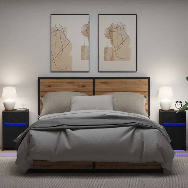 vidaXL LED Bedside Kast 2 st Zwart eiken 38 x 34 x 61 cm Bewerkt hout, foto 2
