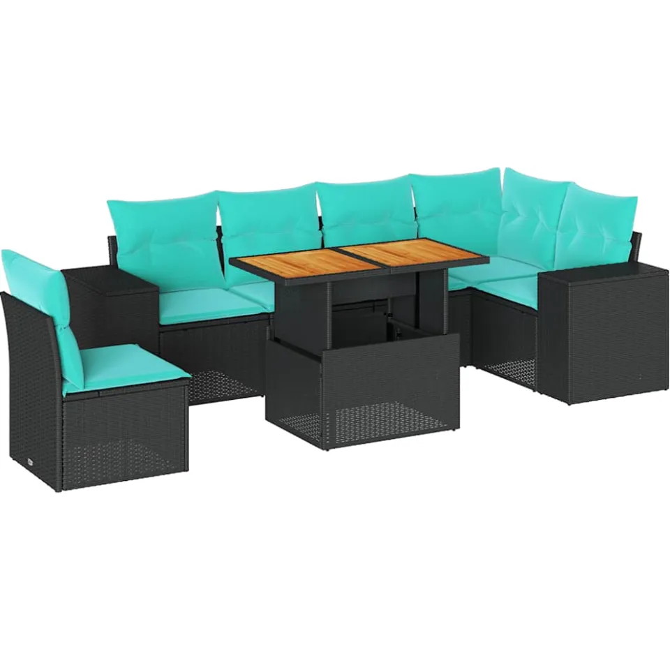 vidaXL 7-delige Loungeset met kussens poly rattan zwart, foto 3