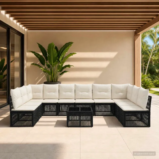 vidaXL Tuinbankenset 11 st 10-zits Zwart poly rattan, foto 2