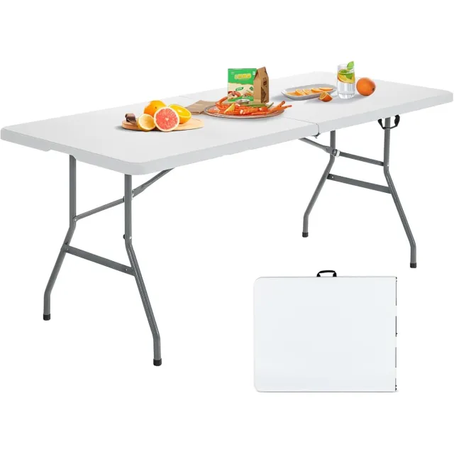 KOMFOTTEU Klaptafel voor buiten, rechthoekige tafel van HDPE met antislip voeten, frame van metaal, ruimtebesparende klaptafel met handgreep, voor tuin, terras Wit