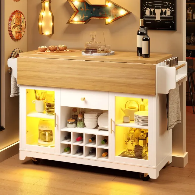 Wishdor Serveerwagen met opklapbare zijbladen - RGB LED-licht met app en timer - Verstelbare legplanken en wijnrek voor 3 flessen - Keuken woonkamer balkon - MDF en metaal - Wit - 120 x 80 x 95 cm