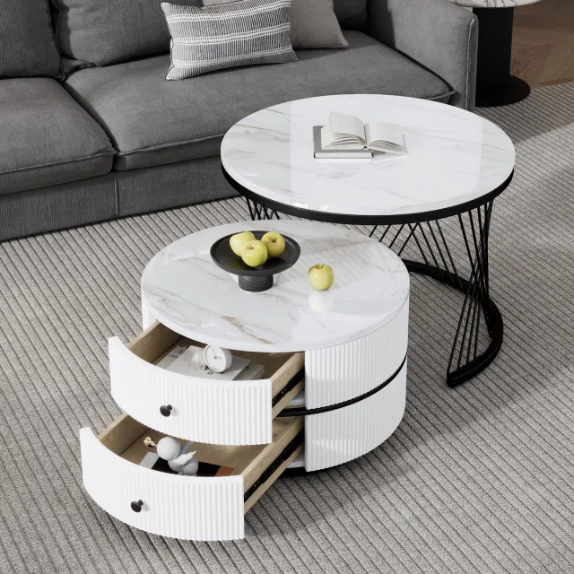 OKWISH Salontafels - Koffietafel Rond Set Met Lade En Opbergruimte - Stijlvol Voor Slaapkamer Of Woonruimte - MDF - Zwart - 60x60x46+50x50x30.8 cm