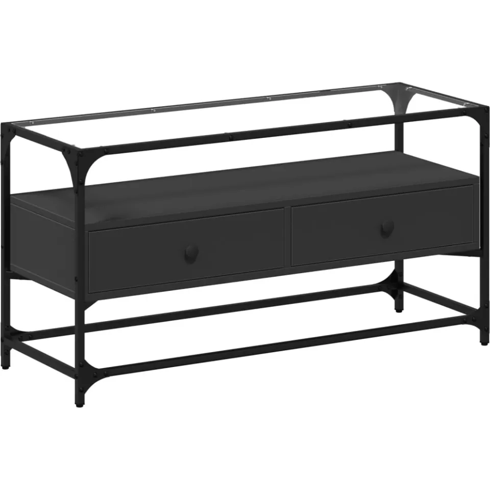 vidaXL Tv-meubel met glazen blad 98x35x51 cm bewerkt hout zwart, foto 3