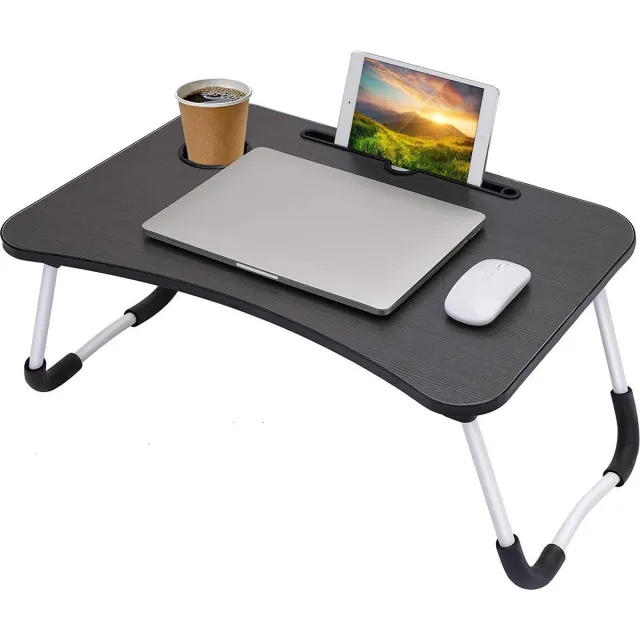 Deluxe HB LaptopTafel -Laptop Desk, Draagbare Bed Plank Tafel Laptop BED TABEL, Vouwen Ontbijt Serveerlade Notebook Stand met Tablet Slot en Cup Slot voor het eten van ontbijt, boekboek, film op bed, bank - (WK 02122) Zwart
