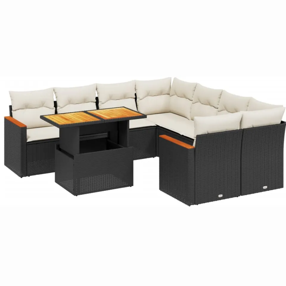 vidaXL 9-delige Loungeset met kussens poly rattan zwart, foto 3