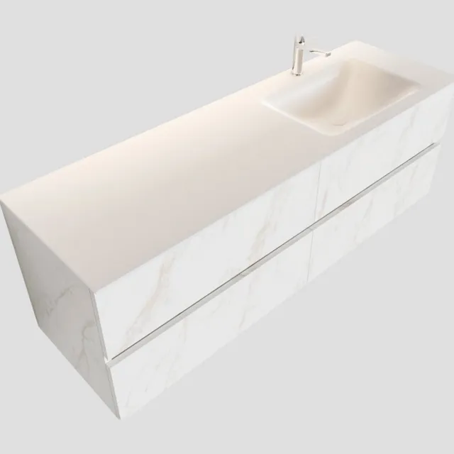 Boss & Wessing Badkamermeubel BWS Valencia Carrara Mat 150 cm Solid Surface Wastafel Rechthoekige Wasbak Rechts (1 kraangat, 4 lades)