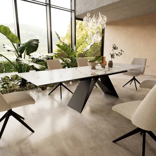 DELIFE Eetkamertafel Edge keramiek Calacatta Luxe wit-goud-grijs 200-300x100 V-frame vlak staal zwart uitschuifbaar Weiß-Gold-Grau