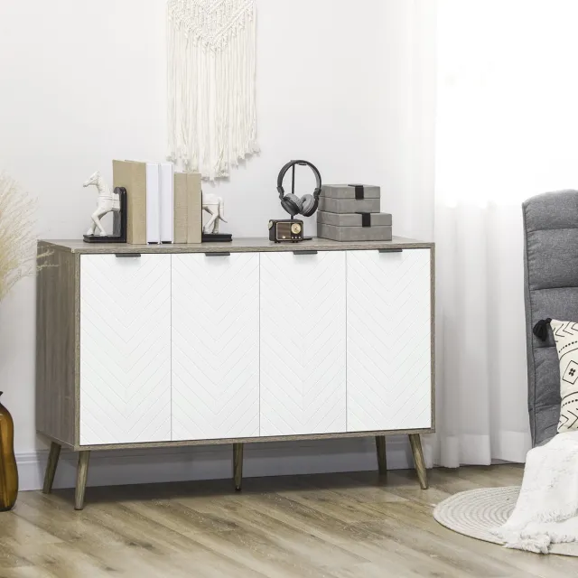 AURA LUMEN Buffetkast-Buffet Lagermeubel met 2 Kasten en 4 Deuren in Chevron-Design-120x35x77,4 cm-Wit en Grijs