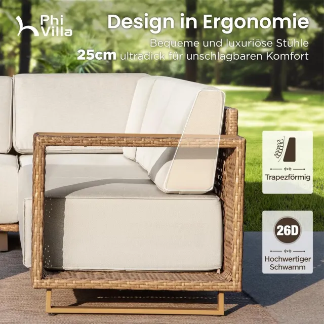 Laura Tuin Loungeset 6-Persoons Rotan Modulaire Hoekbank met Dikke Kussens 281x129x67 cm – Weerbestendig, Luxe Terrasmeubelen Beige – Laura