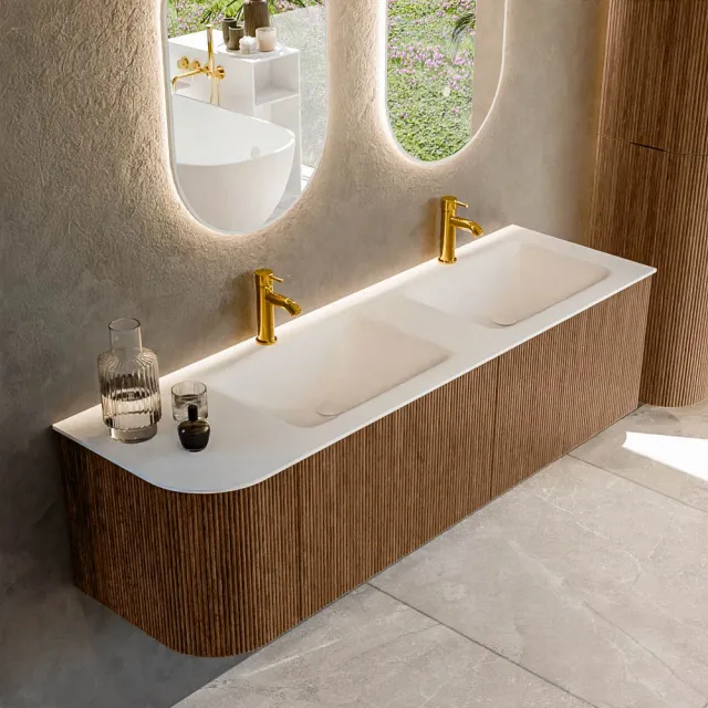 Mondiaz KURVE-DLUX 155 cm Onderkast Greeploos 2 Lades Met Deuren Walnut, Wastafel Solid Surface Rechts Opalo 2 Kraangaten Zonder Spiegel (KRVLEA155L2L1D2KD-Wal/Opa)