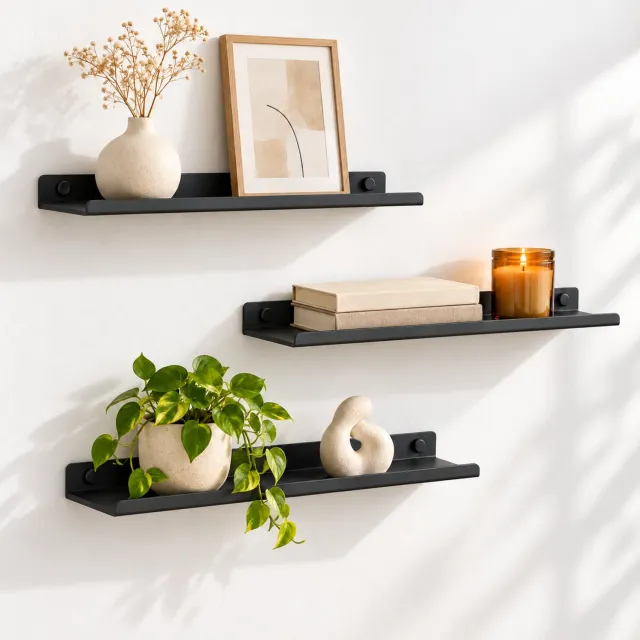 Minismus Wandplank Zwart - Set van 3 - Staal - 31 x 9 x 2,1 cm - Fotoplank met Opstaande Rand
