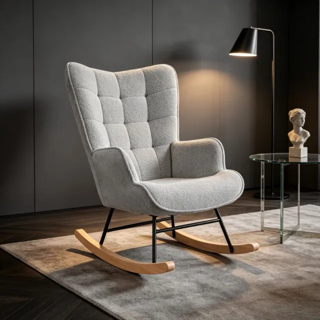 ROSAHQNDA Schommelstoel 60x75x92 cm, relaxstoel met geruite rugleuning, teddy stof, gestoffeerde fauteuil in lichtgrijs