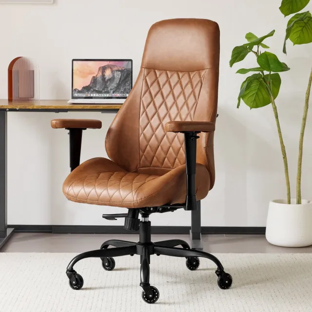 DESMIU Bureaustoel 117 x 66 x 50 cm - Ergonomisch met Verstelbare Armleuningen, Zithoogte en Kantelfunctie - voor Kantoor en Thuiswerk - Leer Bruin
