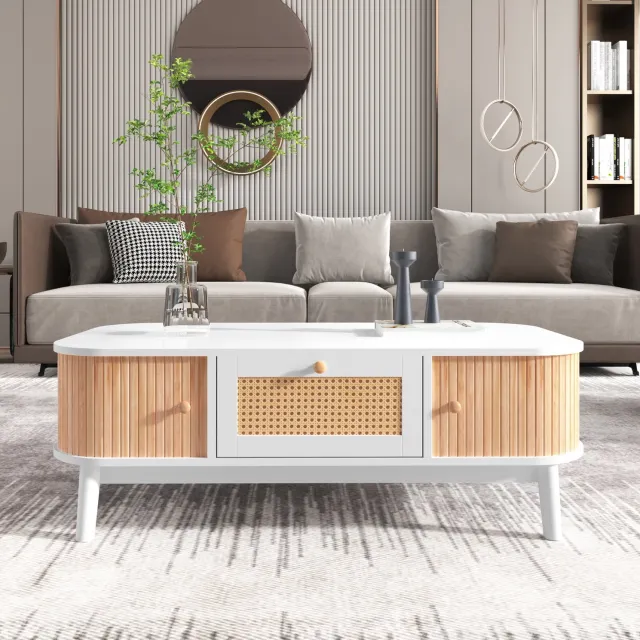 Maisentiel Salontafel 110 x 55 x 38,5 cm met lades en rattanaccenten, MDF, wit/houtkleur