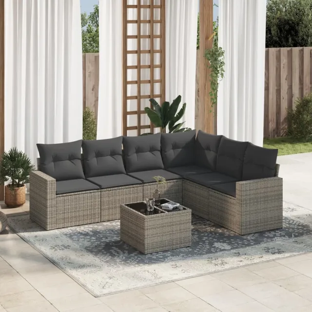 vidaXL 7-delige Loungeset met kussens poly rattan grijs, foto 2