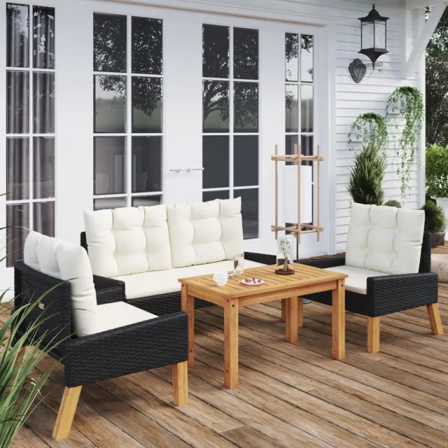 vidaXL 4-delige Loungeset met kussens poly rattan en massief hout zwart, foto 2