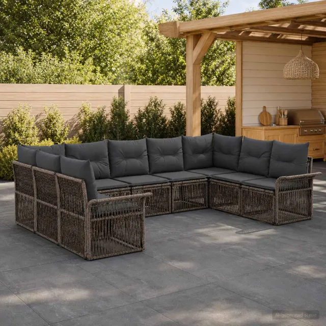 vidaXL Tuinbankenset 9 st 9-zits Grijs poly rattan, foto 2