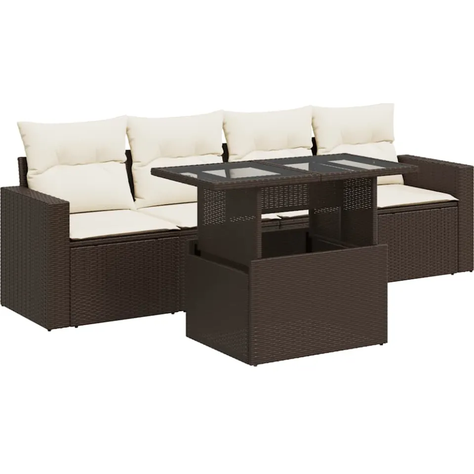 vidaXL 5-delige Loungeset met kussens poly rattan bruin