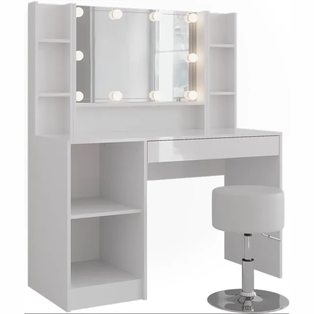 Vicco Kaptafel set met kruk Sherry, Wit/Wit Hoogglans, 119.8 cm met spiegel en kruk