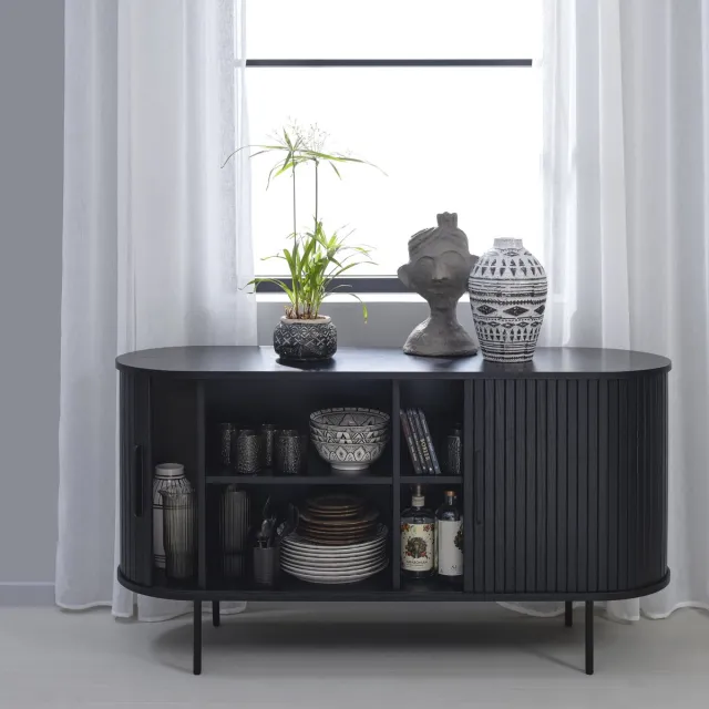 Nordic Home Alicia - Buffet met 2 deuren, afgeronde hoeken, van hout en metaal, L140cm Zwart