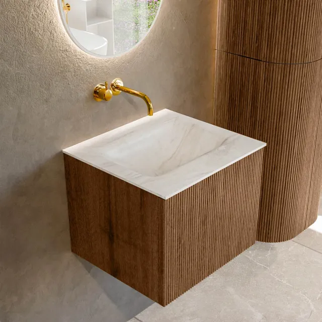 Mondiaz KURVE-DLUX 50 cm Onderkast Greeploos 1 Lade Zonder Deuren Walnut, Wastafel Solid Surface Midden Ostra 0 Kraangaten Zonder Spiegel (KRVGRU501L0D0KM-Wal/Ost)