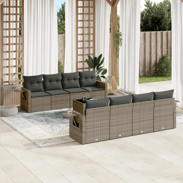 vidaXL 9-delige Loungeset met kussens poly rattan grijs, foto 2