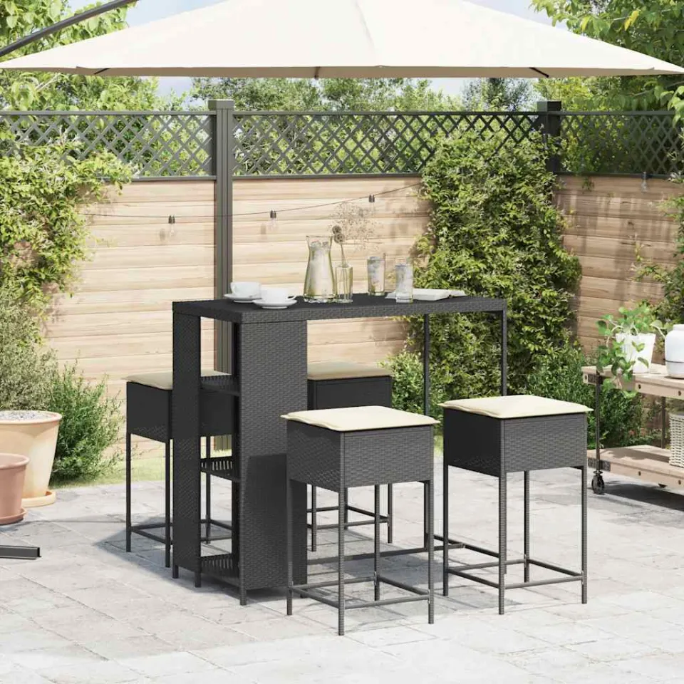 vidaXL 5-delige Tuinbarset met kussens poly rattan zwart, foto 2