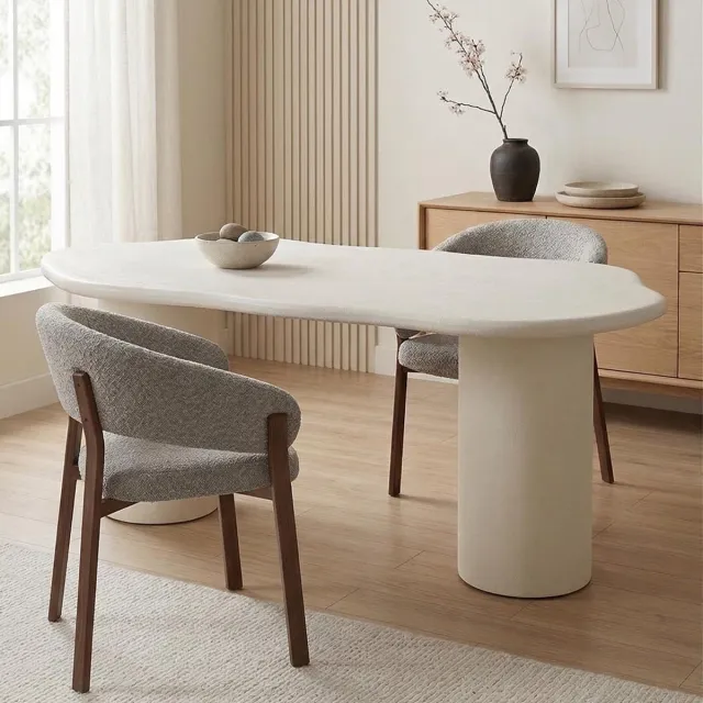 Mahom Eettafel Organisch Savannah Microcement Cilinderpoot 210 cm Wit Mahom Industrieel - Dinertafel van Mangohout & Metaal - Industriële Eettafel Bruin