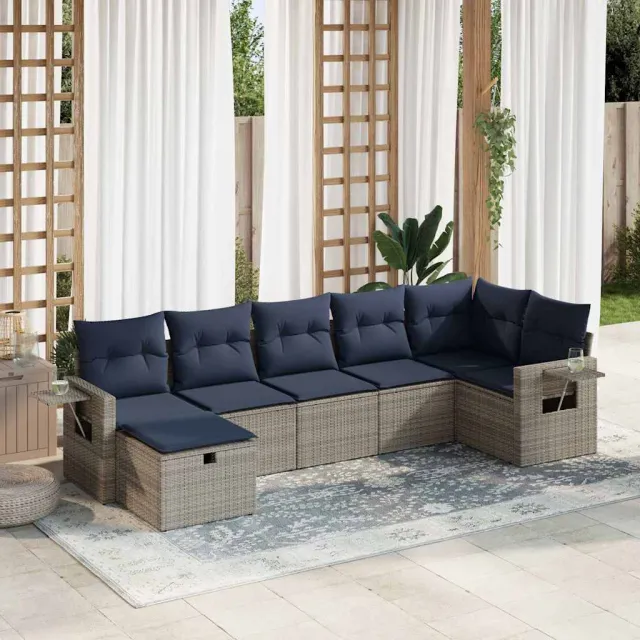vidaXL 7-delige Loungeset met kussens poly rattan grijs, foto 2