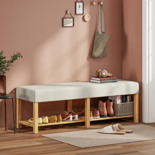 FloraGrace Schuhbank 140 cm Houten Zitbank met Opbergruimte en Gevoerde Zitting voor 2 Personen in Hal Scandinavische Stijl Creme Wit Crèmewit