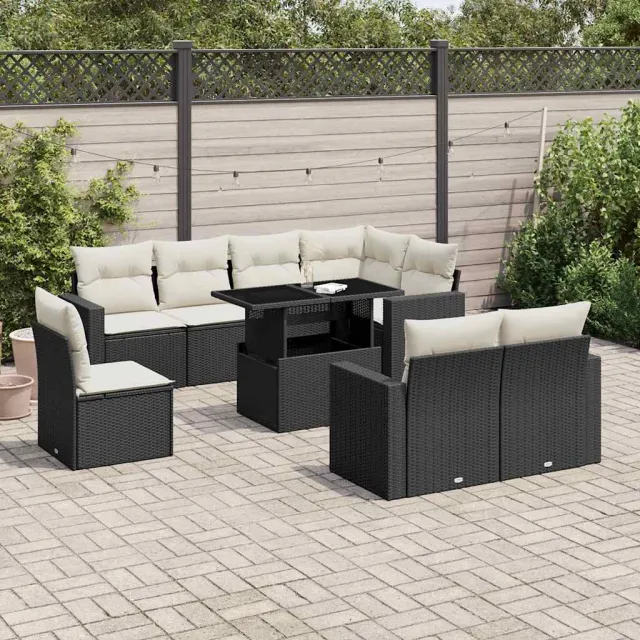 vidaXL 9-delige Loungeset met kussens poly rattan zwart, foto 2