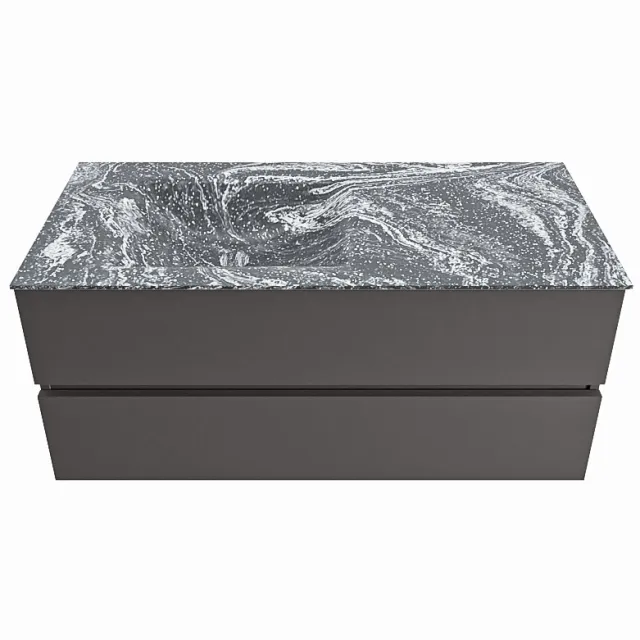 Mondiaz VICA-DLUX 110cm badmeubel onderkast Dark grey 2 lades. Inbouw wastafel CLOUD links zonder kraangat, kleur Lava.