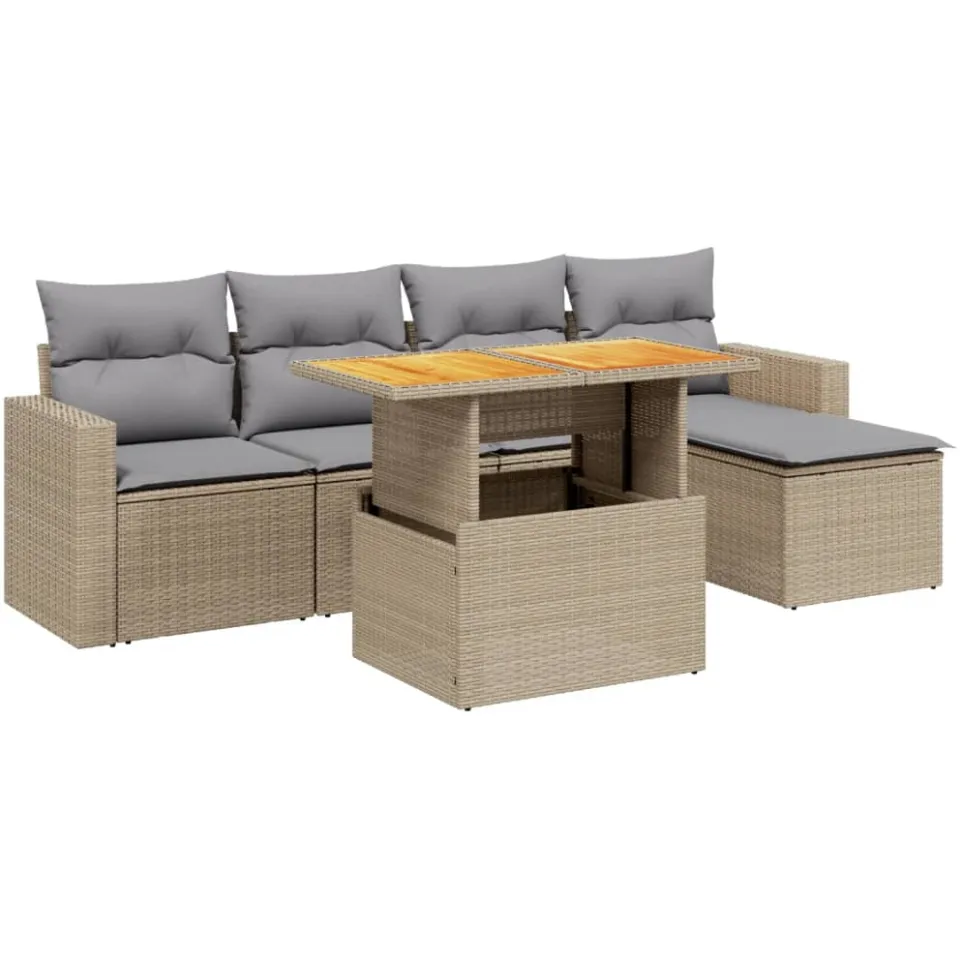 vidaXL 6-delige Loungeset met kussens poly rattan beige, foto 4