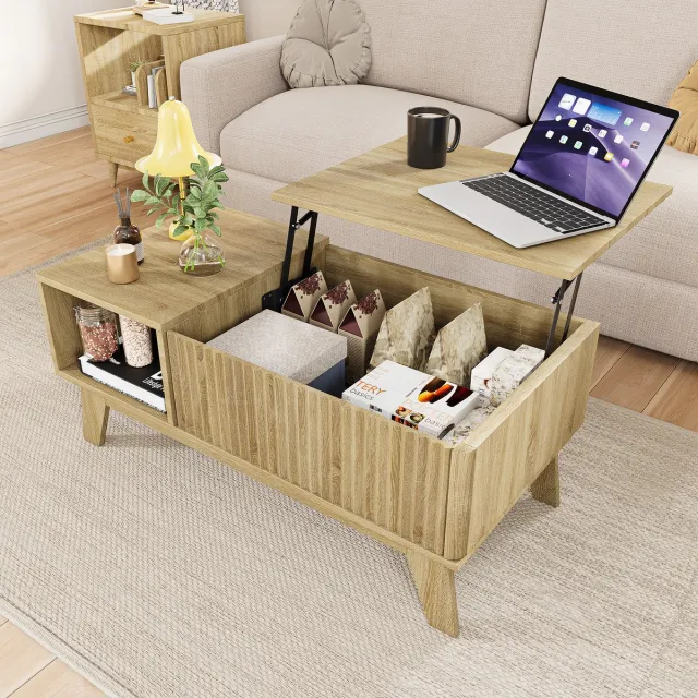 MEXUS Salontafel met opklapbaar blad, rechthoekige salontafel met opklapbaar blad, moderne salontafel met verborgen opbergruimte en open vak, voor slaapkamer, woonkamer, kantoor, 95x48x42 cm (Eikenkleur)