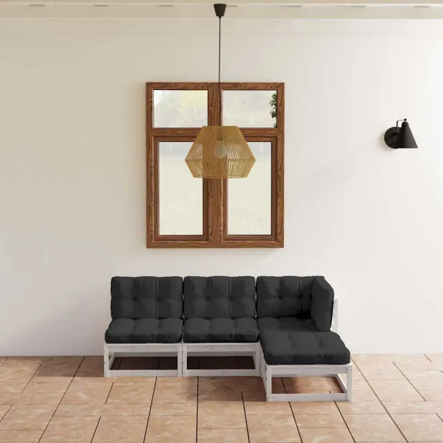 vidaXL 4-delige Loungeset met kussens massief grenenhout wit, foto 2