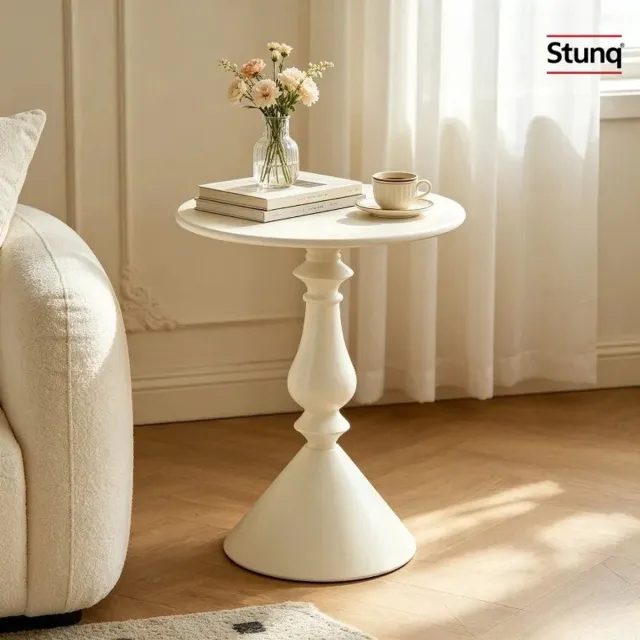 Stunq Ronde Witte Bijzettafel met Gedraaide Poot - Retro Stijl