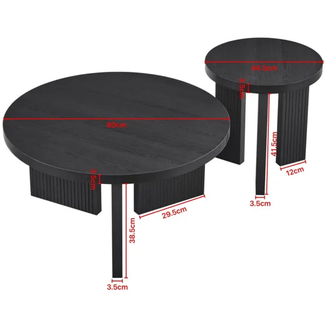 FloraGrace Salontafel - Ronde Set Van 2 Met Geribbelde Structuur - Modern Voor Woonkamer En Kantoor - MDF - Zwart - 80x80x41,5 Cm