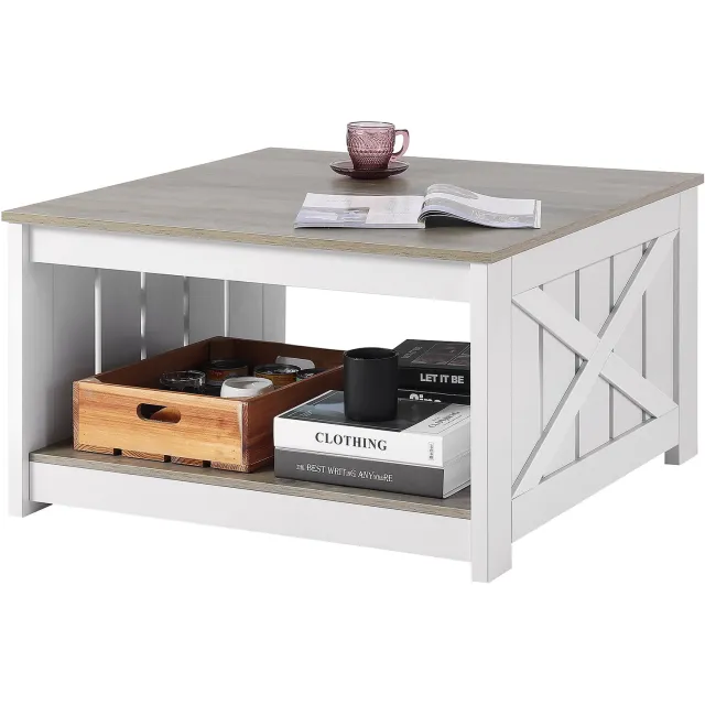 Vevor Salontafel Cocktailtafel Salontafel 80cm Vierkant met Open Opbergvak Grijs + Wit