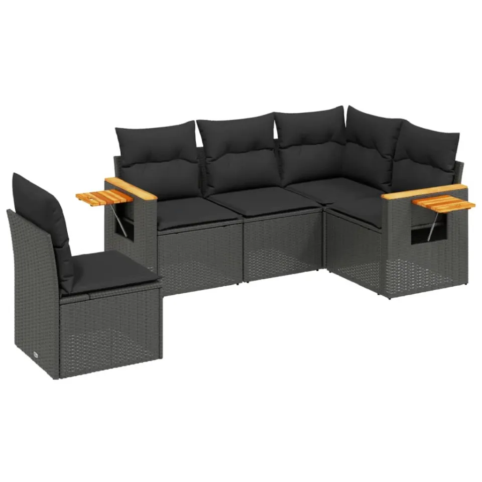 vidaXL 5-delige Loungeset met kussens poly rattan zwart