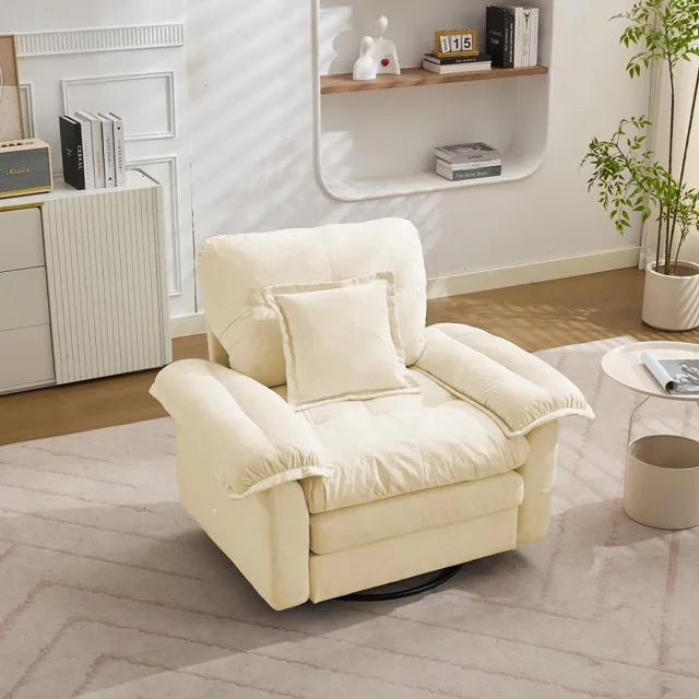 KOMHTOM BLACKCOLORS 360° draaibare fauteuil in chenille, oversized formaat, om in te lezen – Comfortabele bijzetfauteuil met steunkussen, gestoffeerde eenzitsbank voor slaapkamer, woonkamer en kinderkamer Beige
