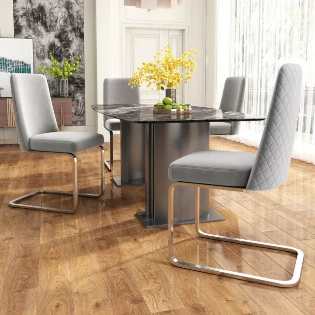 Welltin Set van 4 Eetkamerstoelen - Velvet - Eetkamerstoel - Metalen Poten - Golvende textuur op de achterkant - Modern Design - Geschikt voor woonkamer en slaapkamer - Zilveren voeten - Grijs