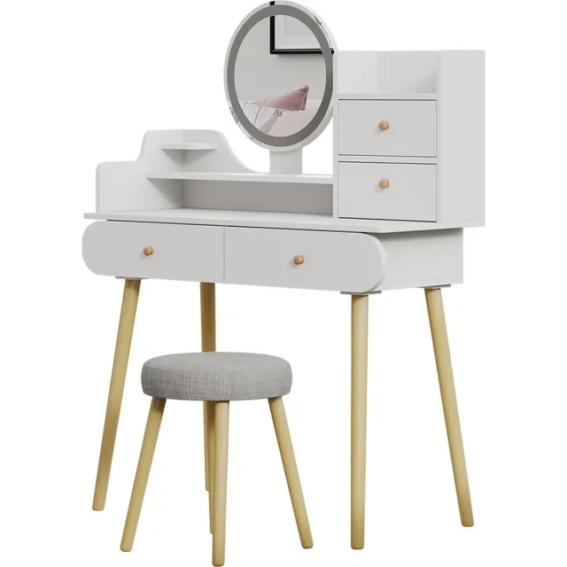 Vicco Kaptafel set met kruk Edda, Wit, 100 cm met LED-spiegel en kruk