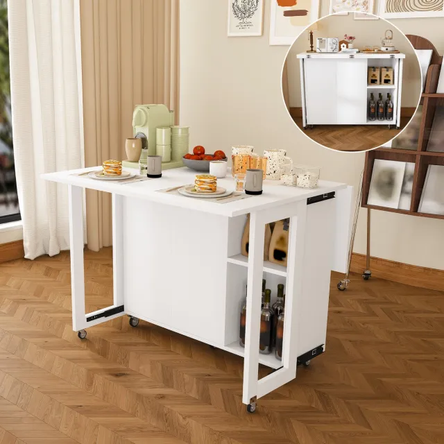 STILVORA Opvouwbare Eettafel - Multifunctioneel Keukeneiland Met Opbergruimte En Vergrendelbare Zwenkwielen - Wit - MDF - 105x100 Cm