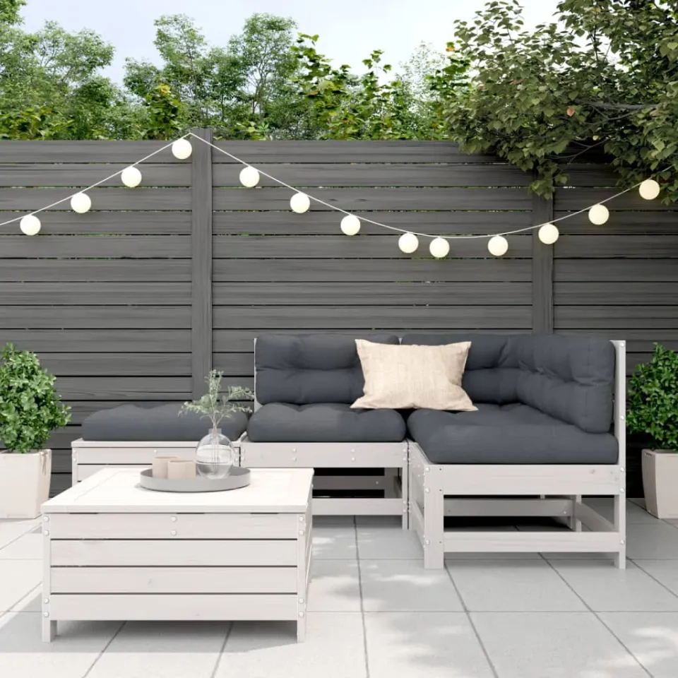 vidaXL 5-delige Loungeset met kussens massief grenenhout wit, foto 3