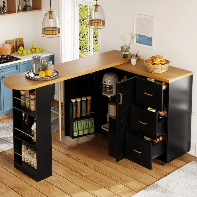 DESMIU Bartafel - Uitschuifbare Barwagen Met 2 Deuren En 3 Lades - Verrijdbaar Voor Keuken Of Woonkamer - MDF En Metaal - Zwart - 135-228x39x104 Cm